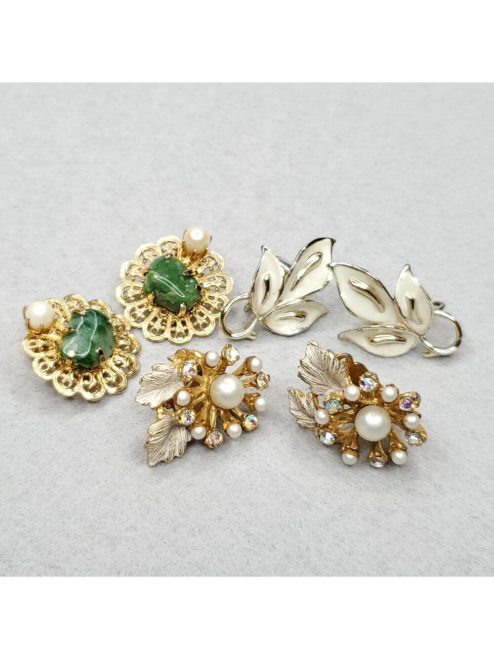 Vintage Clip On Earring Lot Gold Tone Kramer Coro BSK Rhinestone Faux Pearl 3 pr